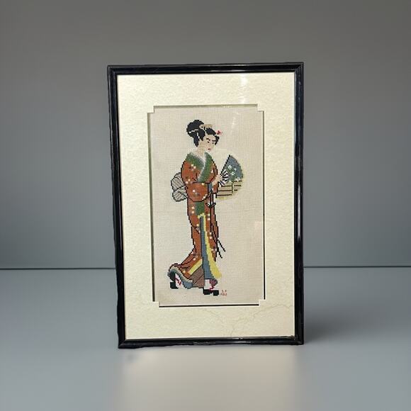 Vintage Japanese Geisha Cross Stitch Art Framed Handcrafted 1982 Signed 22x15 - Picture 1 of 10